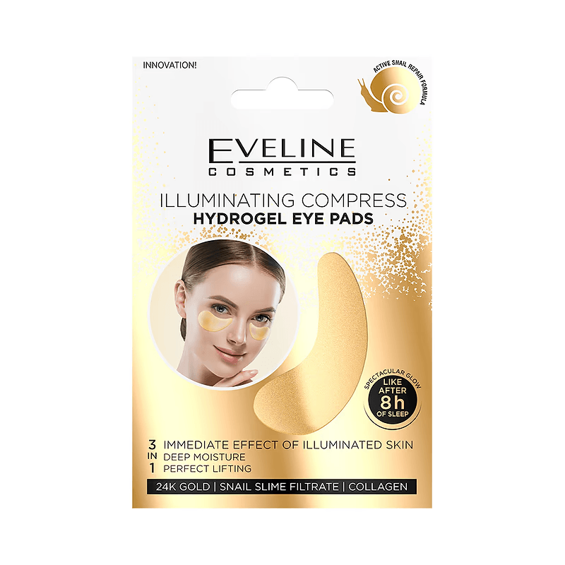Comprese pentru ochi cu efect iluminator - Gold Illuminating Compress HydragelL Eye Pads 3in1 | Eveline Cosmetics